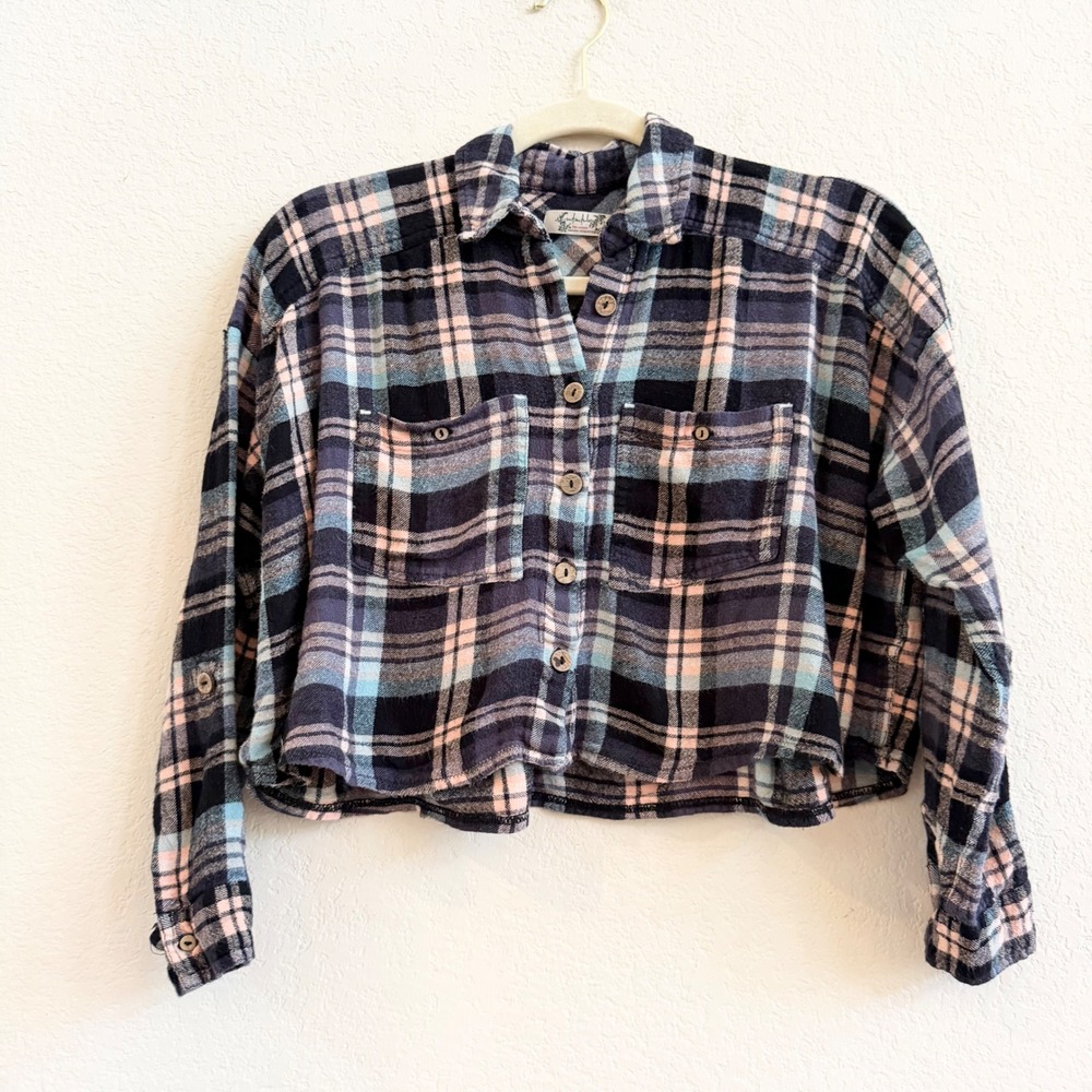 Intimately Free People Cropped Plaid Flannel Shirt Navy Pink XS Oversized